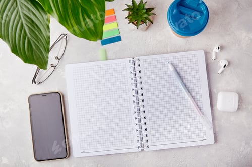 Preview: Inspiring Creativity - Clean Workspace with Open Notebook. Open Notebook and Pen Flat Lay