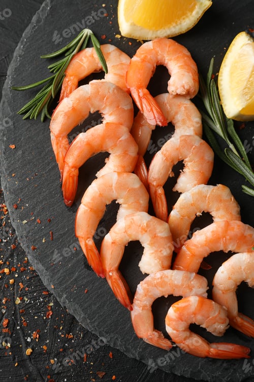 Preview: Composition with delicious shrimps on black background, top view