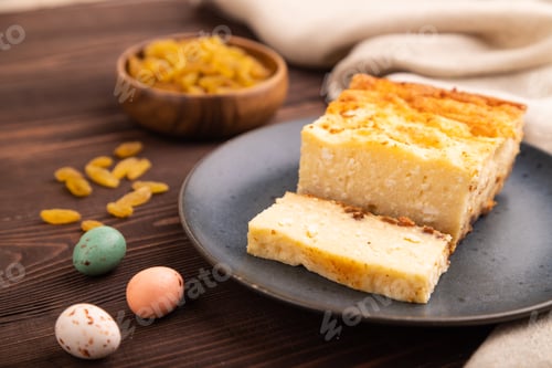 Preview: Сottage cheese Сasserole, Curd cake on brown wooden, side view, selective focus