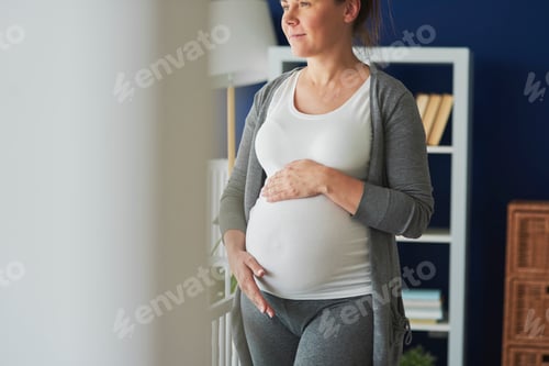 Preview: Horizontal image of thoughtful pregnant woman indoors