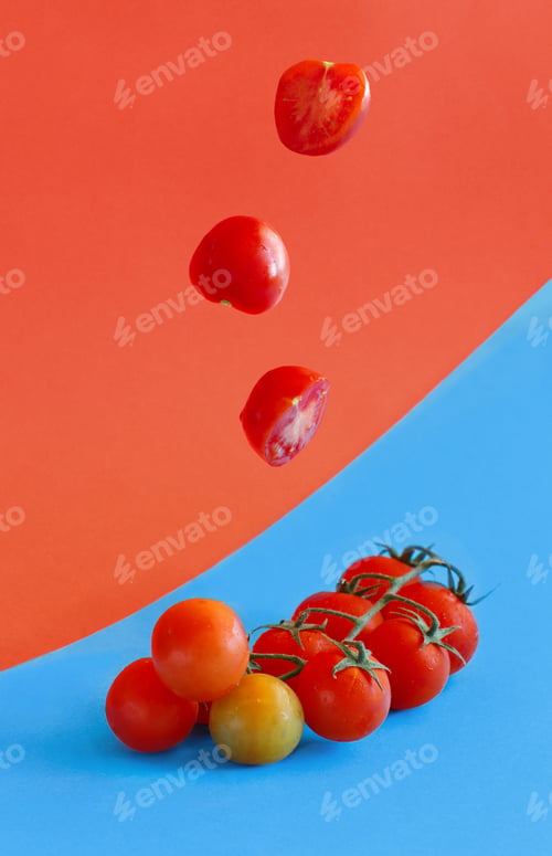 Preview: Cherry tomatoes on a blue and coral red background