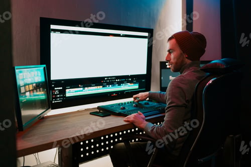 Preview: Male Video Editor Working on His Personal Computer with Big blank Display