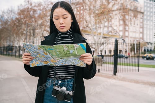 Preview: Young asian woman with a map.