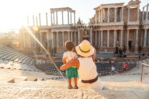 Preview: Roman Ruins of Merida, a mother with her baby visiting the Roman Theater. Extremadura, Spain