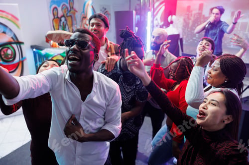 Preview: Friends group posing for selfie in club