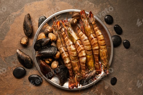 Preview: top view of shellfish, cockles and mussels in bowl on textured surface