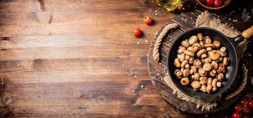 Preview: Frying pan with fried mushrooms on a wooden tray.