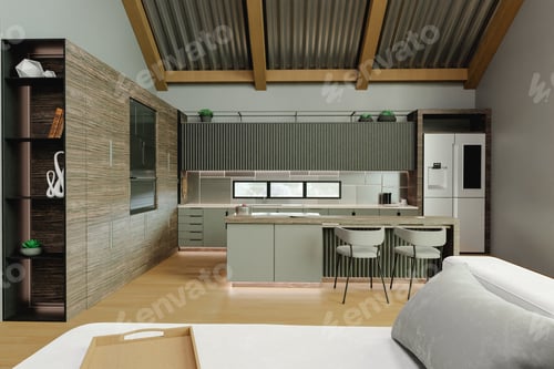 Preview: Interior open space with a living room and kitchen with modern decoration 3d render