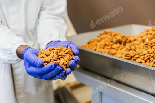 Preview: Close up of warehouse worker’s hands holding dried almonds