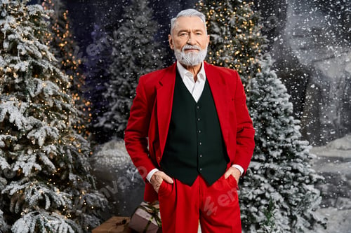Preview: A festive gentleman in a bright red suit stands among snowy pine trees during Christmas celebration