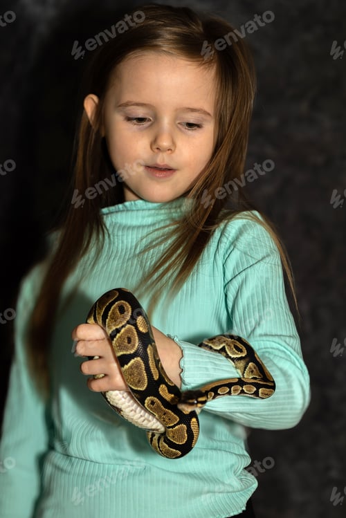 Preview: Portrait of smiling girl in green holding snake on dark background