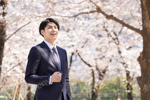Preview: A smiling Japanese businessman stands with a cherry blossom in the background.