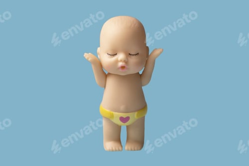 Preview: Little doll toy on blue background is isolate.