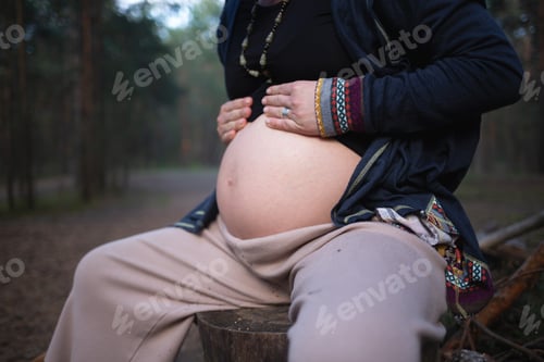 Preview: a pregnant woman sits on a log in the forest and hugs her tummy