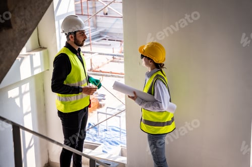 Preview: Engineer inspect building structure technicians looking at analyzing unfinished construction project