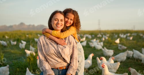 Preview: Hug, child and mother on a farm with chicken on mothers day, travel or holiday in Argentina togethe