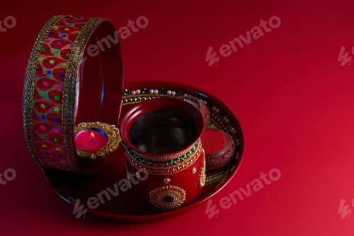 Preview: Karwa Chauth celebration on the night, Traditional Indian Puja Thali