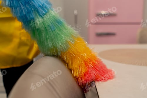 Preview: close up in the apartment cleaner in a yellow apron is cleaning chairs with a dust brush