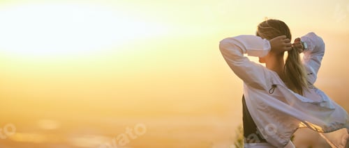 Preview: Sunrise, sky and woman hiking with mockup, fitness and adventure with travel, nature horizon and fr