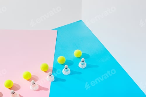 Preview: rows of badminton shuttlecocks and tennis balls on pink and blue