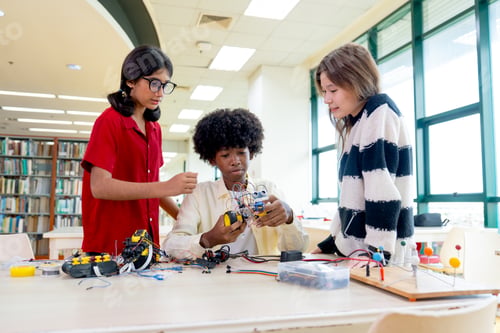 Preview: Close up view multiracial teen boy explain about how to assemble the robot and discuss girls
