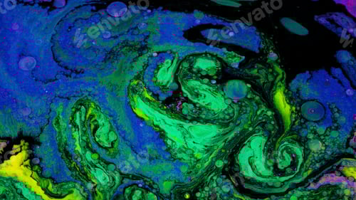 Preview: Bright fluid art with acidic colors and bubbles. Stock footage. Liquid mixing patterns of bright