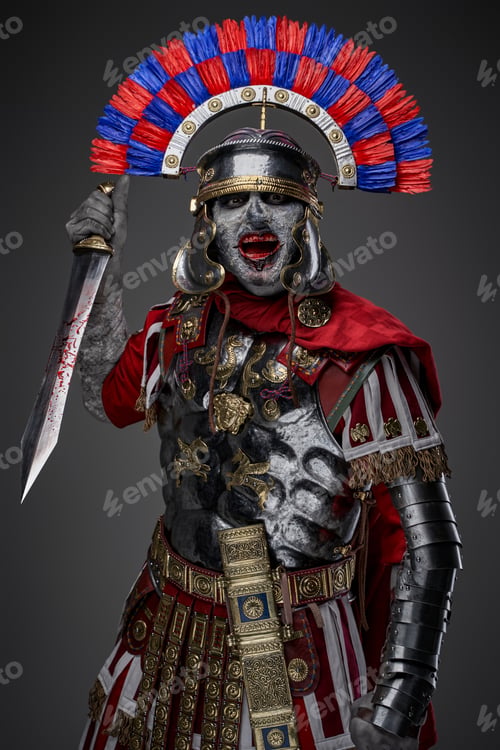 Preview: Fearful roman soldier with gladius posing against gray background