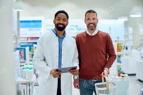 Preview: Pharmacist Assisting Customer in Pharmacy With Warm Smiles and Professional Service