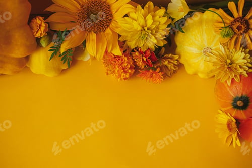 Preview: Happy Thanksgiving! Colorful autumn flowers, pumpkins, squashes flat lay. Seasons greeting card