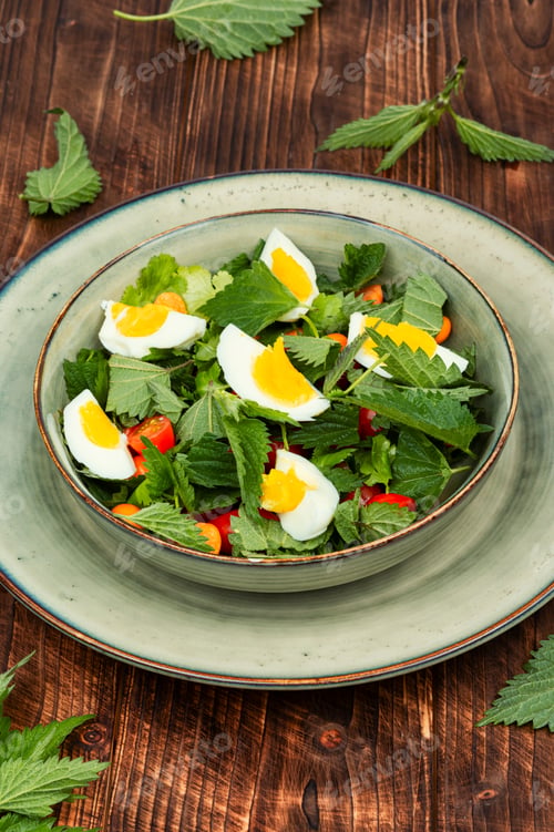 Fresh Nettle Salad with Boiled Eggs and Tomatoes