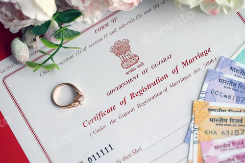 Preview: Indian Certificate of registration of marriage blank document and wedding ring with rupiah money
