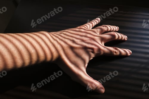 Preview: Closeup shot of a man's hand on a table with jalousie shadows