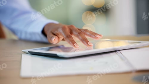 Preview: Business woman, fingers or tablet of financial growth, savings data analytics or investment researc