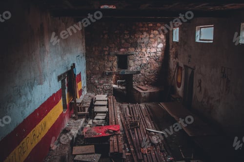 Preview: Abandoned. Decay. School. Depth of field. Vintage. Top view. View from above. High angle view.