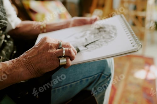 Preview: Hands Of Senior Artist Drawing Portrait
