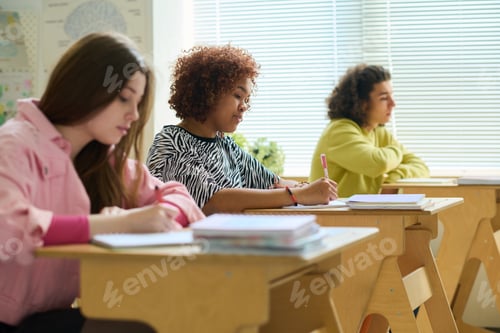 Preview: Serious African American high school student concentrating on work at lesson