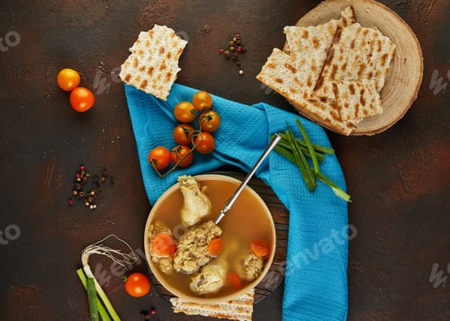 Preview: Soup with matzo dumplings and chicken with carrots and tomatoes. Healthy Food for Passover