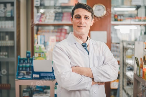 Preview: Male pharmacist posing confidently welcoming, advising patients