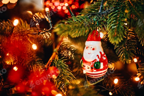 Preview: Close-up Christmas tree still life with decorations ornaments lights baubles magic advent moments