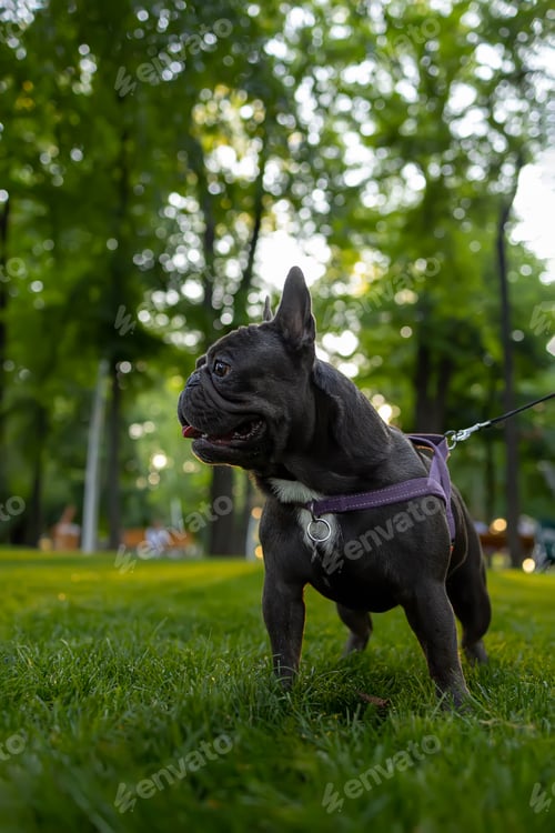 Preview: a trained dog With a collar stands in the park at sunset looks to the side and sticks out his tongue
