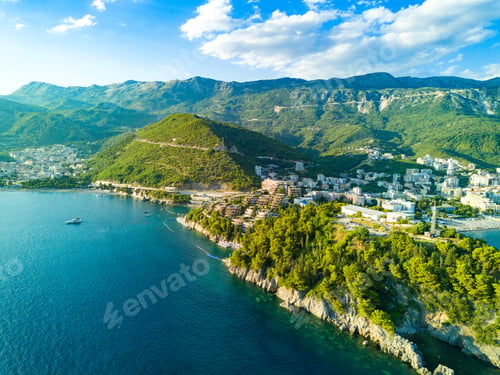 Preview: Bird's eye view of towns of Budva and Becici with hotels