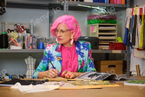 Preview: Tailor with pink hair taking ideas from fashion magazines.