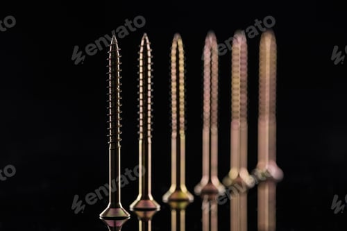 Preview: row of spotless metallic screws isolated on black
