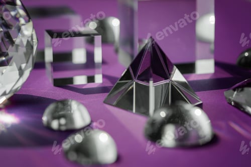 Preview: Crystal prism refracting light, magic crystals and pyramid, sphere and cube on purple background