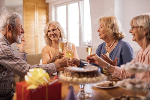 Preview: Happy mature people talking while toasting on Birthday party at home.