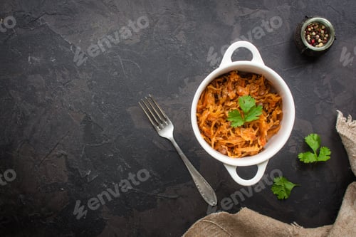 Preview: Cabbage Stew With Lentils And Spices (Braised Cabbage). Vegan Food. Top View. Copy Space