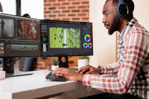 Preview: African american filmmaker editing audio film montage