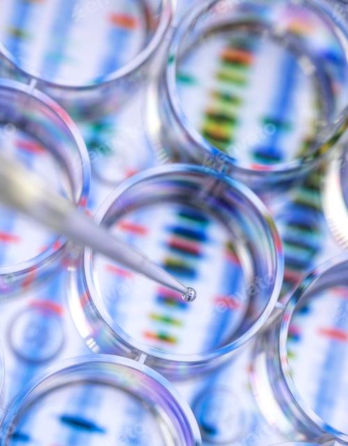 Preview: Scientist pipetting a sample for genetic testing with a background of a DNA sequence