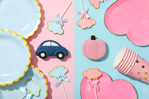 Preview: Cookies, paper plates and cups on blue and pink background, top view