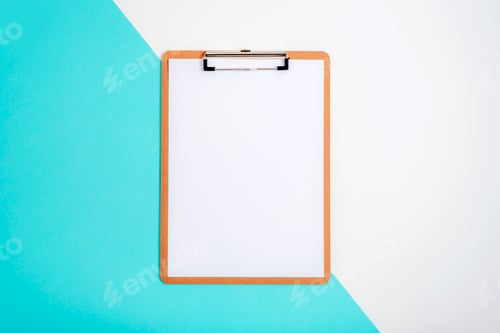 Preview: Clipboard with blank paper on blue and white background. Top view, flat lay, mockup